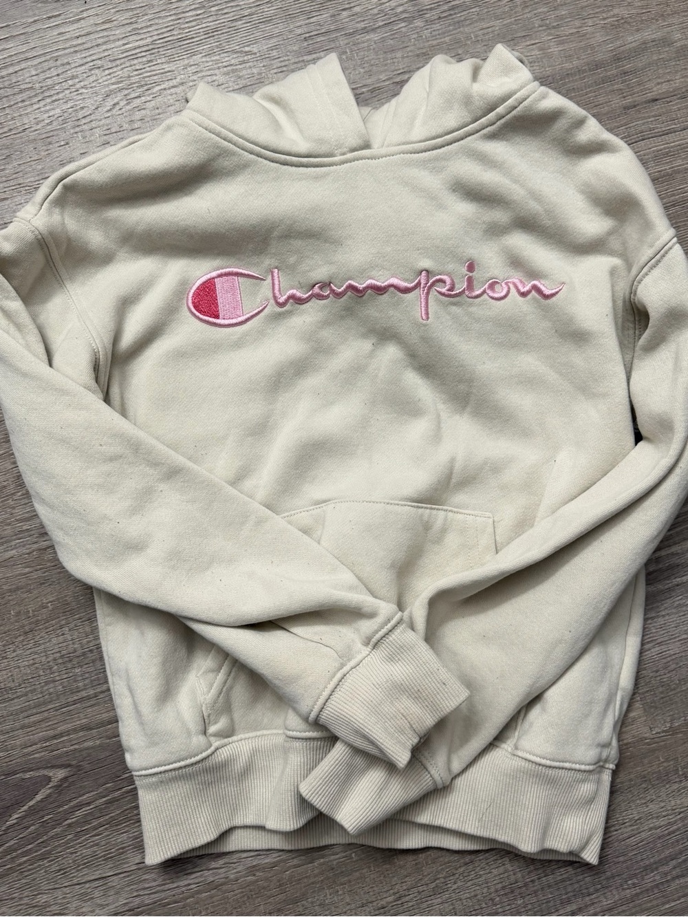 Champion Cream Hoodie with Pink Script Logo
